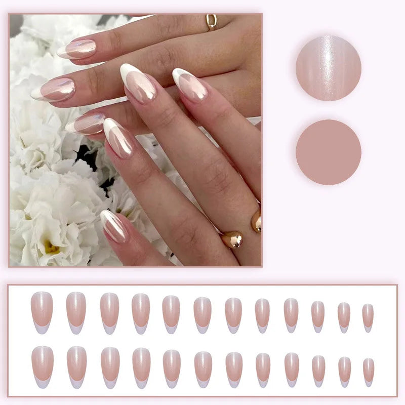 Medium fake nails for women gilrs french Minimalist style pearl shimmer surface Almond nail tips press on false nail art set