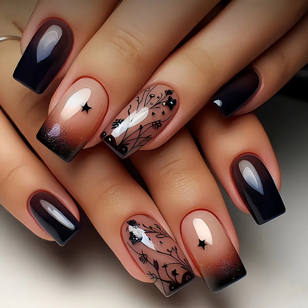 Short Medium Fake Nails Purple Blue Red Brown Black Flowers Butterfly Fall Winter Square Ballet Nail Tips Press On False Nail