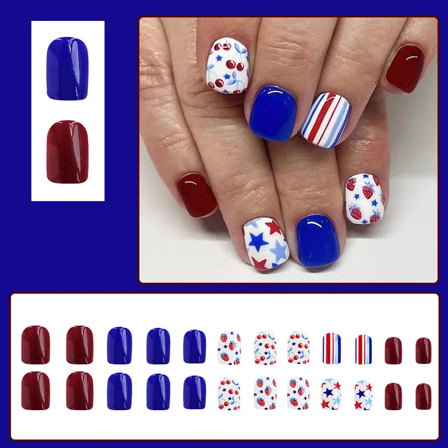 Short Square fake nails for women gilrs gradient blue red star strips for Independence Day full cover press on acrylic nails