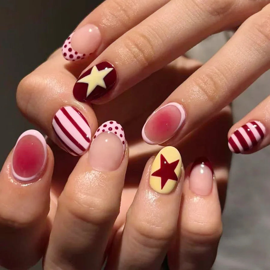 Star & Stripe Blush Y2K Press-On Nails – Short Almond, 24 Pcs