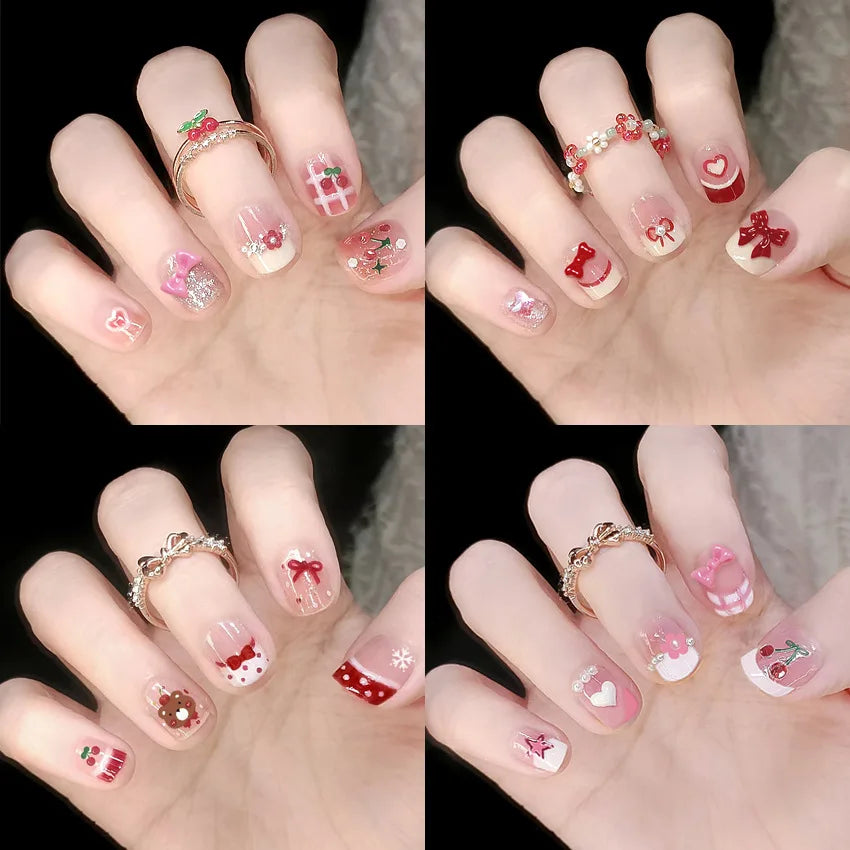 Bow & Heart Pattern Korean French Press-On Nails – Short Round, 24 Pcs