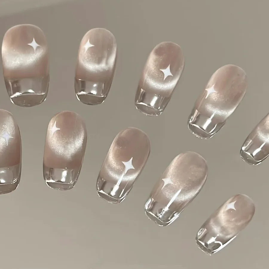 Shimmer Cat Eye French Press-On Nails with Gold & Silver Edge – Short
