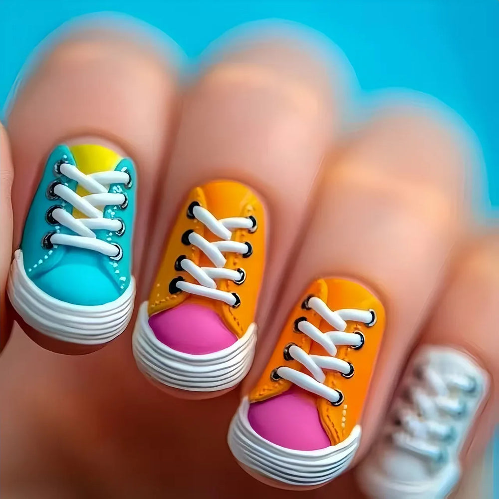 Y2K Sneaker Print Press-On Nails – Blue Orange Pink Red, Medium Square, 24 Pcs