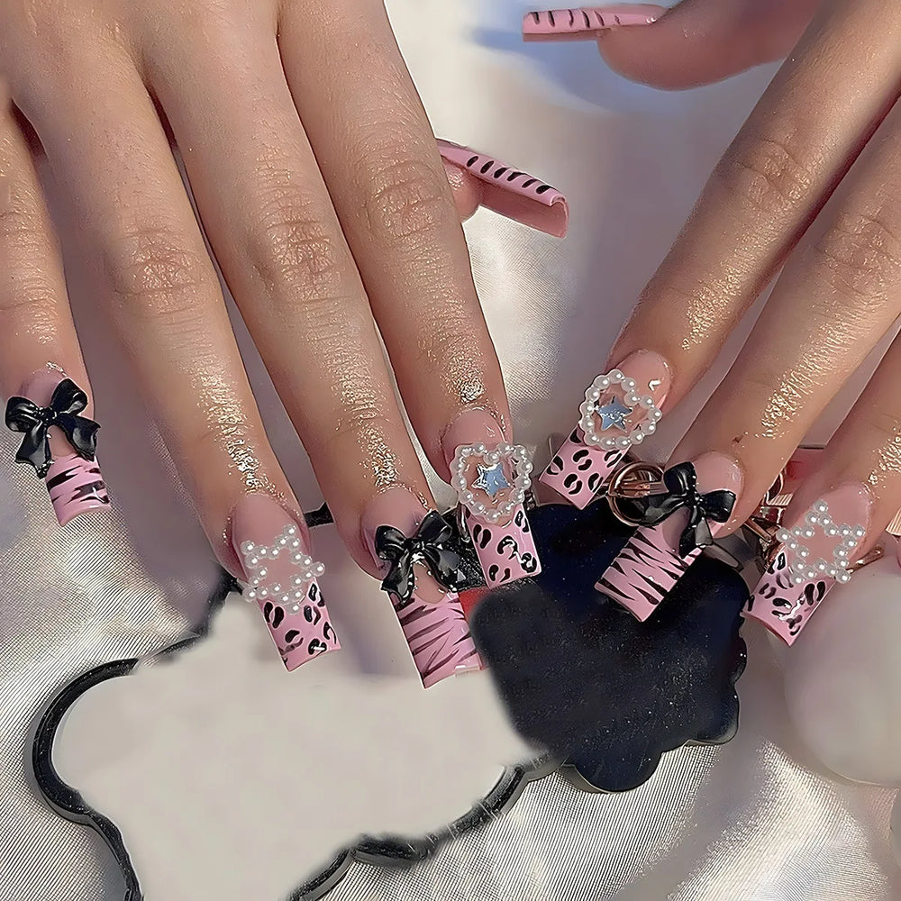 Black Cross Strap French 3D Bow Press-On Nails – Long Ballet, 24 Pcs