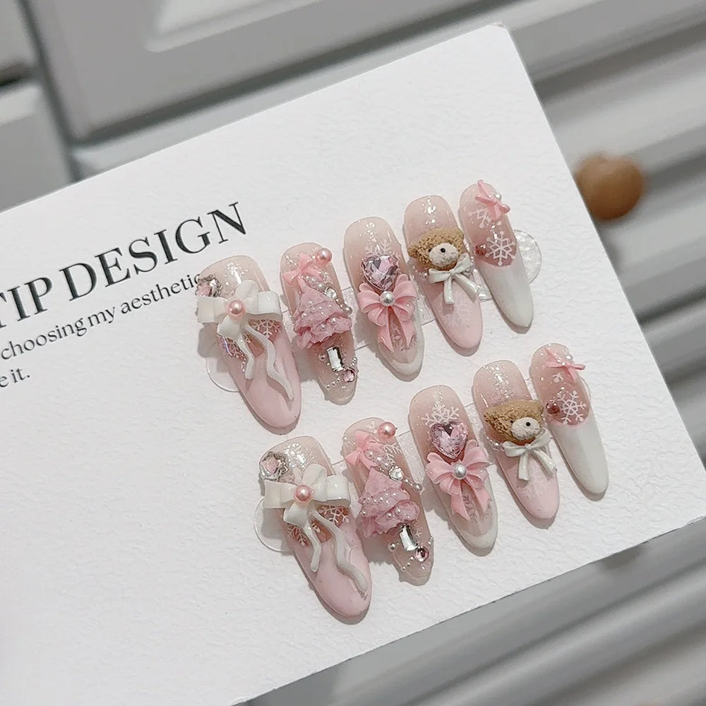 Light Pink French 3D Rabbit Handmade Press-On Nails – Long Coffin, 10 Pcs