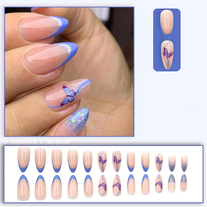 Short Medium fake nails for women girls gradient blue butterfly design for Spring summer season full cover acrylic press on nail