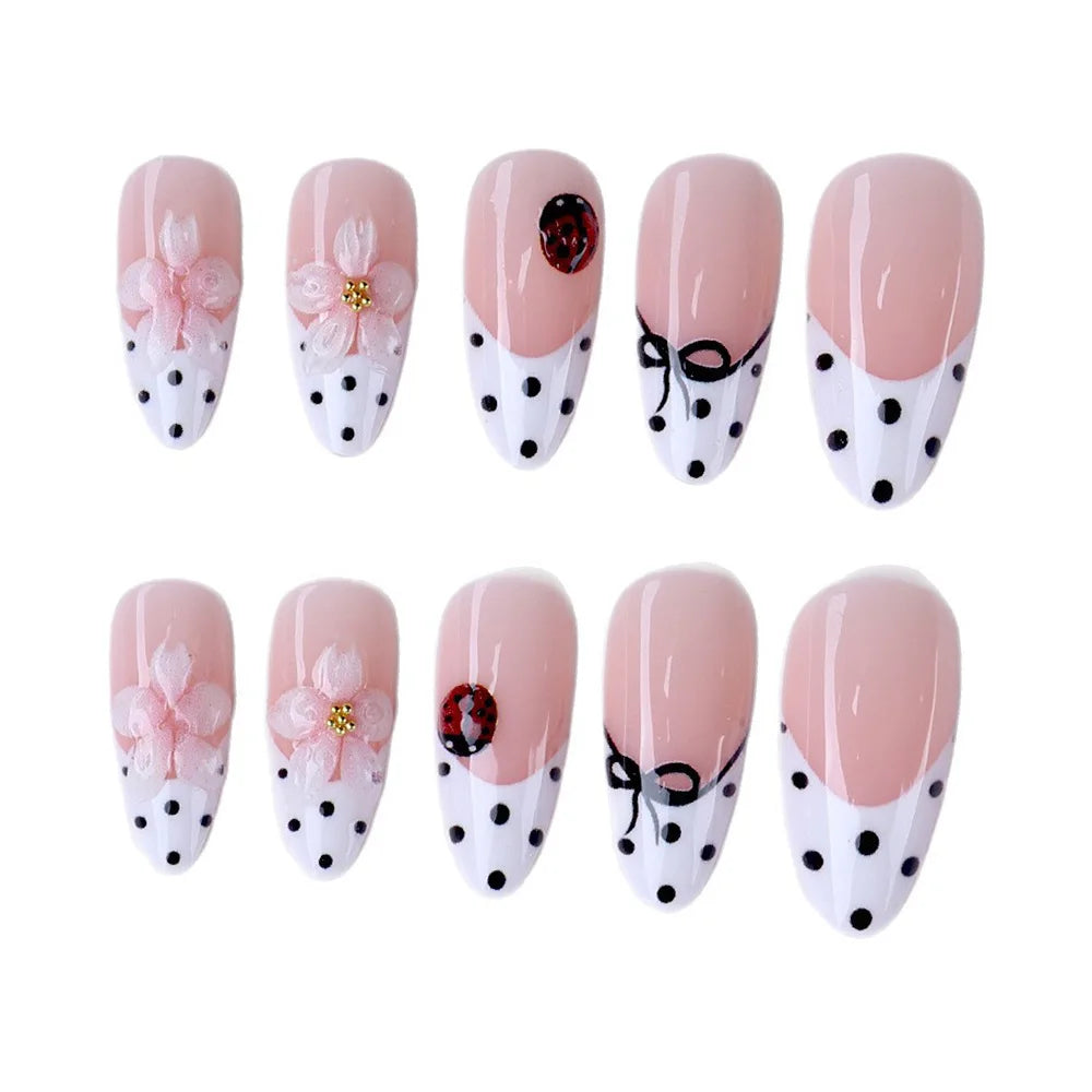 Medium fake nails for women 3D flowers with polka dots bow printing nude white french almond nail tips press on nails art set