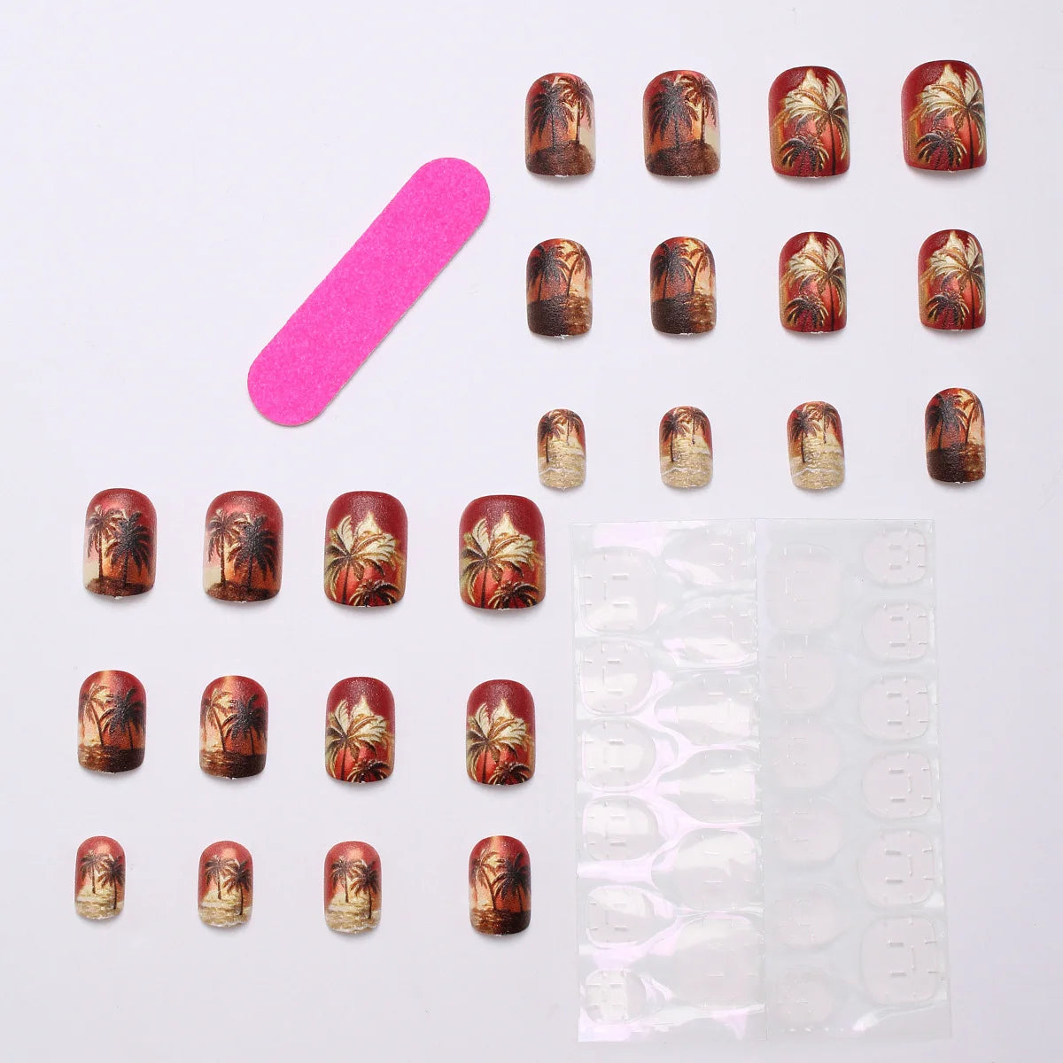 24pcs/set fake nails Y2K gradient yellow red brown colors coconut tree sunset print square shape reusable press on nails art