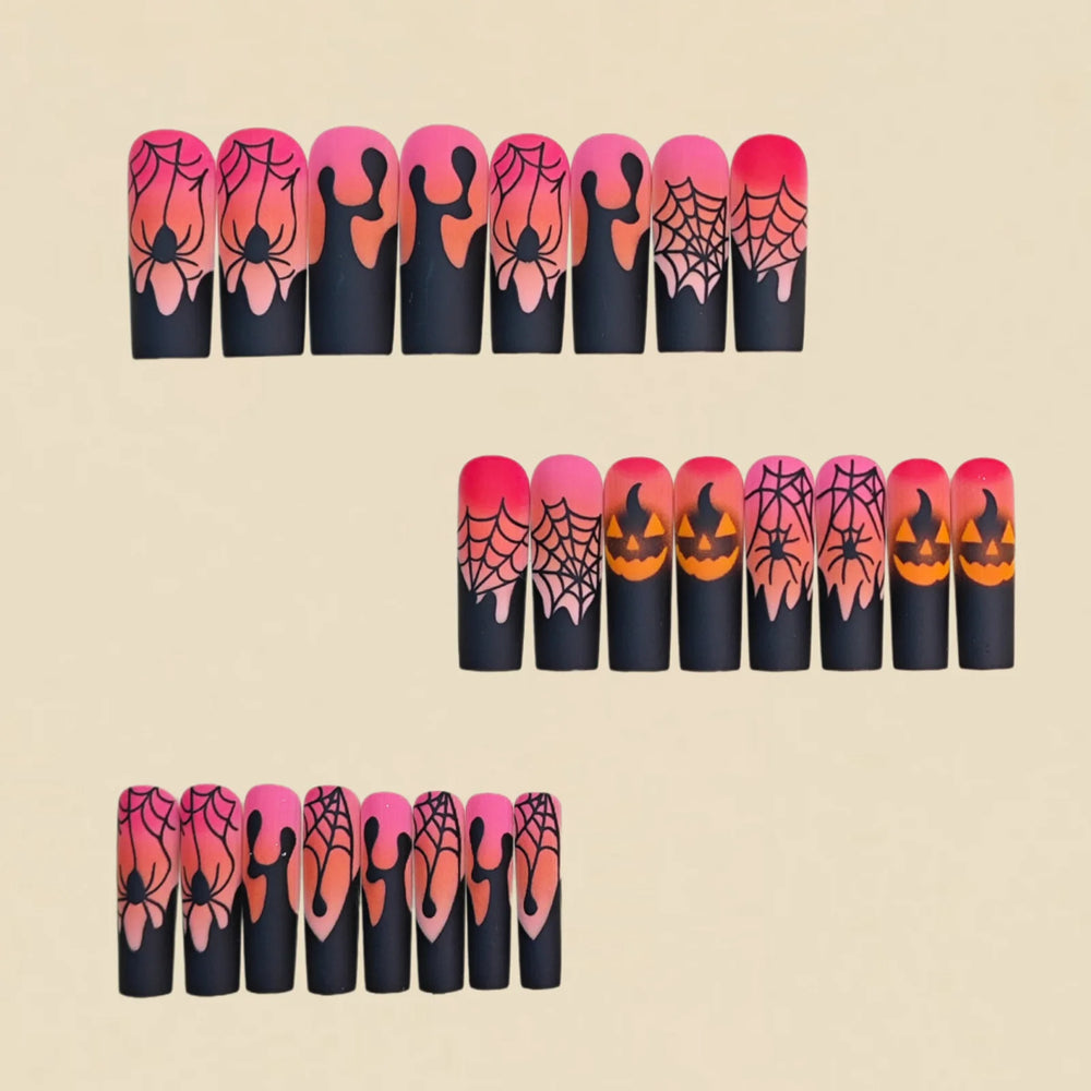 Pink Ombre Pumpkin & Spider Web Press-On Nails – Long Coffin, 24 Pcs
