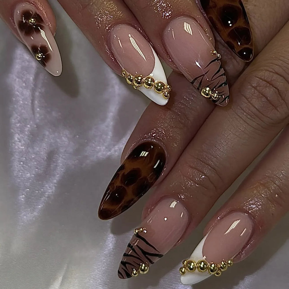 Nude Brown Blue Gradient Flower & Rhinestone Almond Press-On Nails – Medium, 24 Pcs