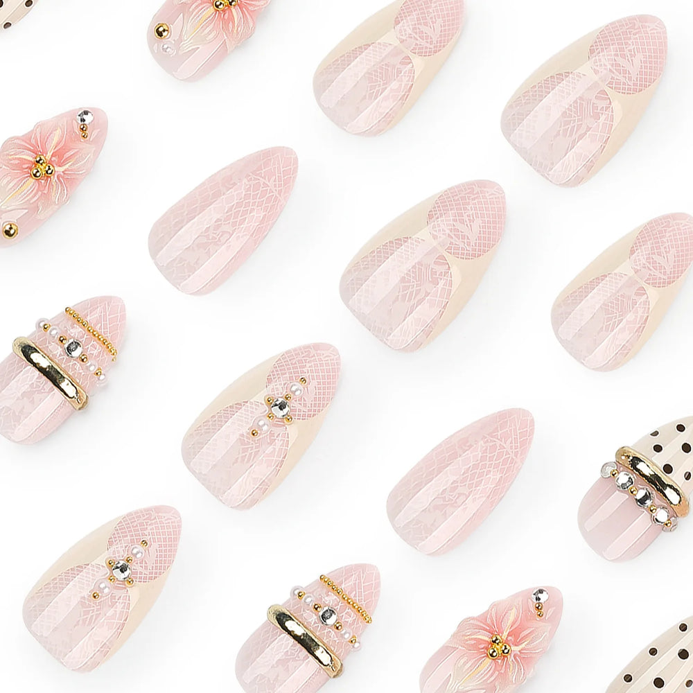 White Polka Dot 3D Flower Press-On Nails – Ballet Almond, 24 Pcs