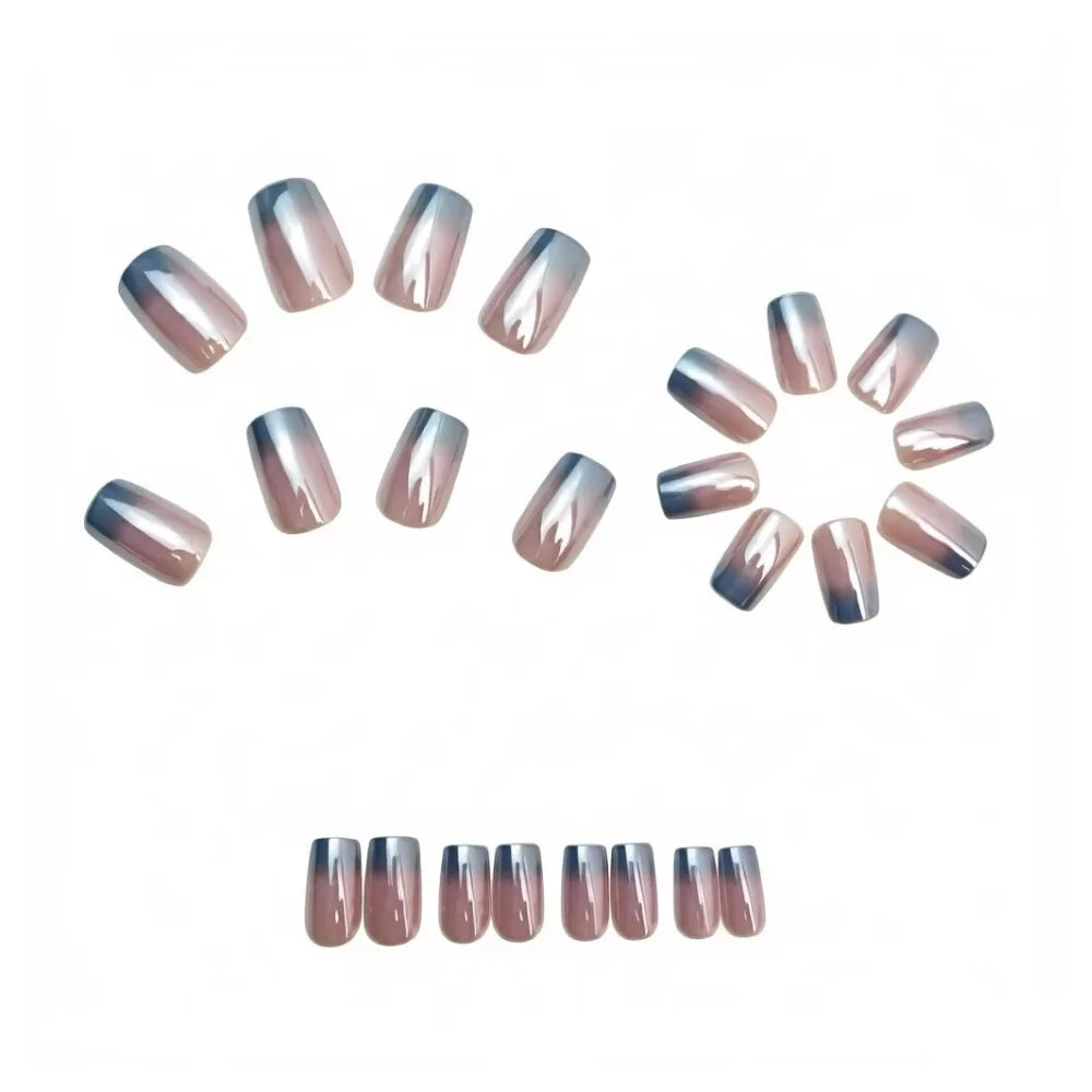 Medium long fake nails for women Gradient nude grey colors Holographic Plated french square style reusable press on false nail