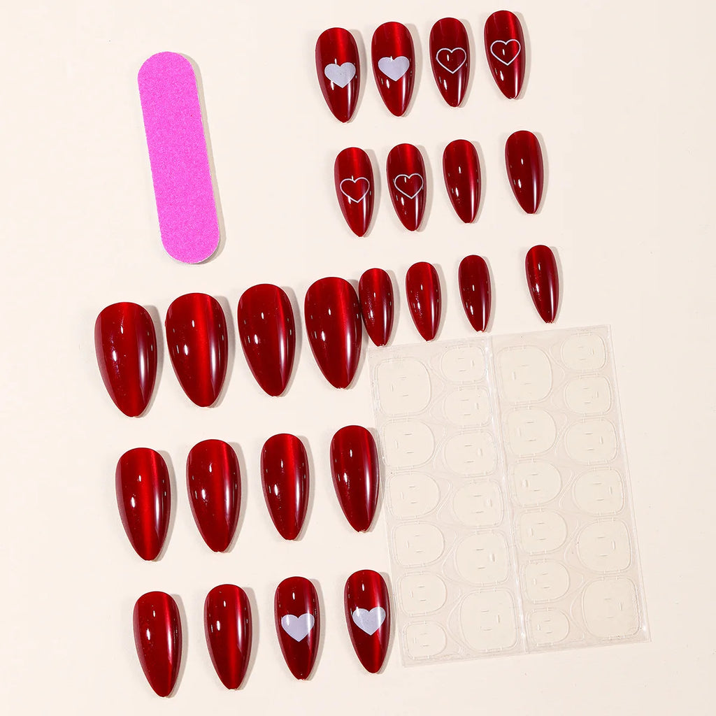 Medium fake nails for women gilrs cat eyes new year red with white heart bowknot design Square almond shape press on nails art