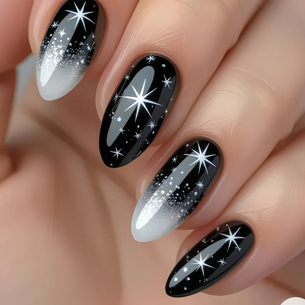 Medium fake nails for women girls gradient black white beige golden white star design almond nail tips press on false nail art