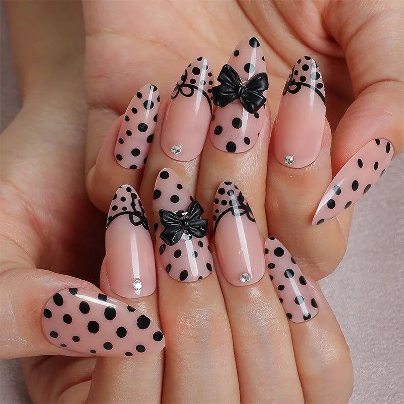 Light Coffee French Leopard & Bow Press-On Nails – Almond, 24 Pcs