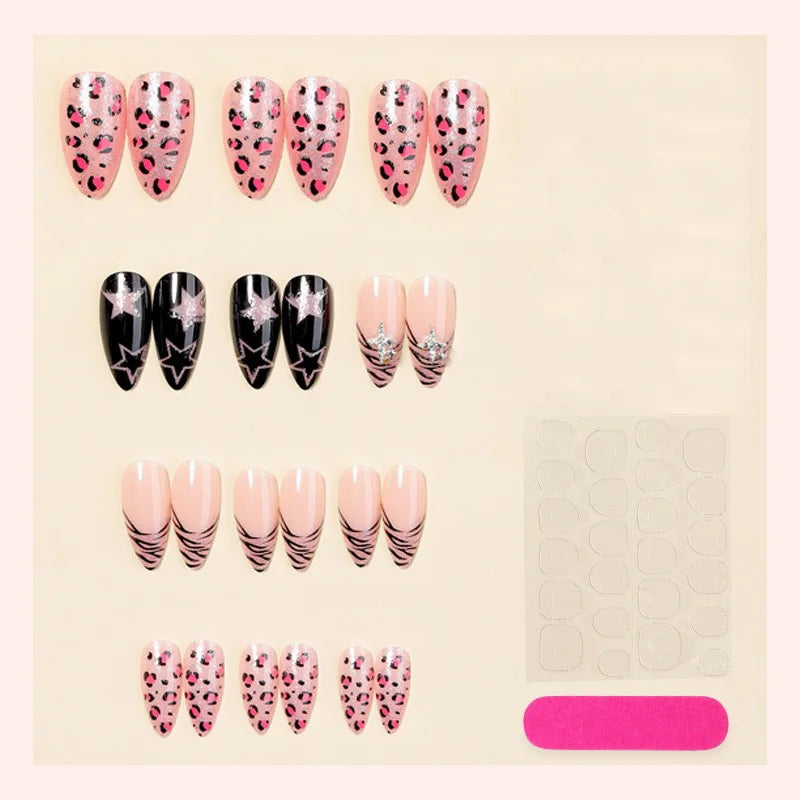 Medium fake nails for women pink leopard star printing with sparkling glitters Almond nail tips full cover press on false nail