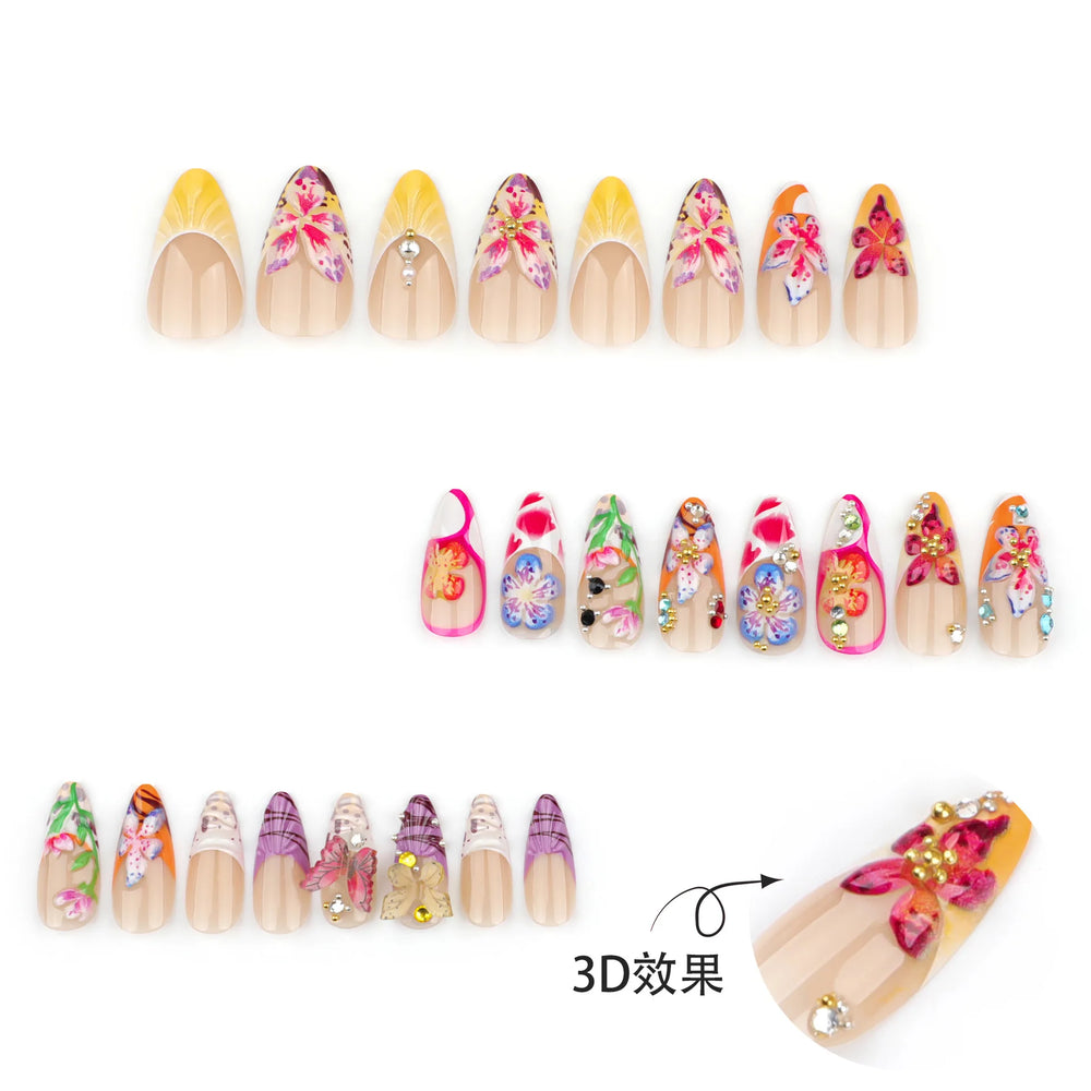 Tropical Hibiscus & Butterfly French Press-On Nails – Almond, 24 Pcs