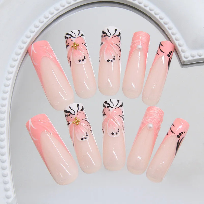 3D Flower Leopard Pink Nude Gradient Press-On Nails – Medium Long Square Almond