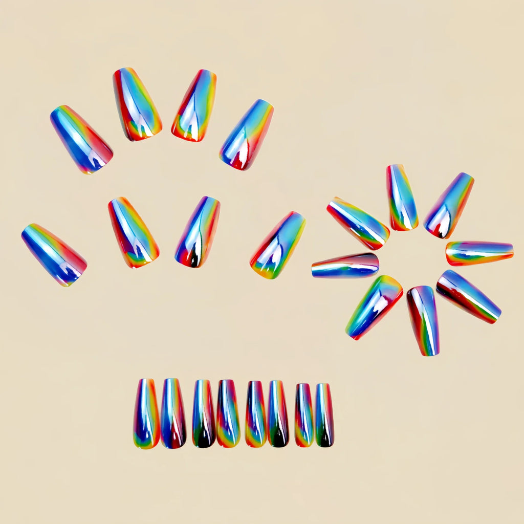 Medium long fake nails Holographic Plated gradient brown golden aurora colors waterdrop ballet shaped full cover press on nails