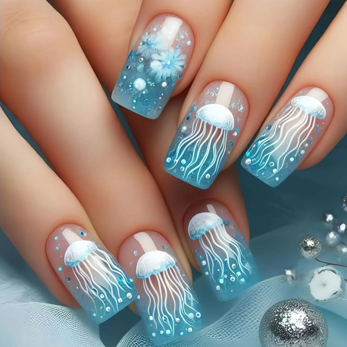 24pcs/set Medium Long Fake Nails for Summer Gradient Blue Ocean Jellyfish Water Plan Fish Cute Square Tips Press On False Nail