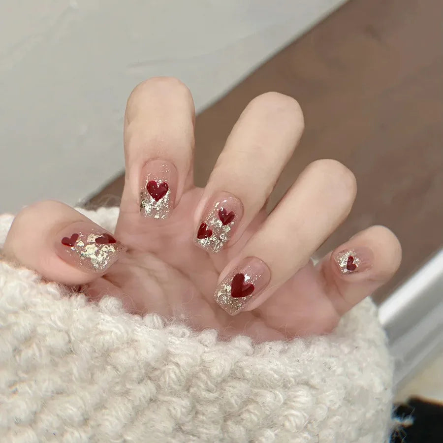 Short Medium fake nails for women girls pink red rose cute heart design for Valentine's Day Square nail tips press on false nail