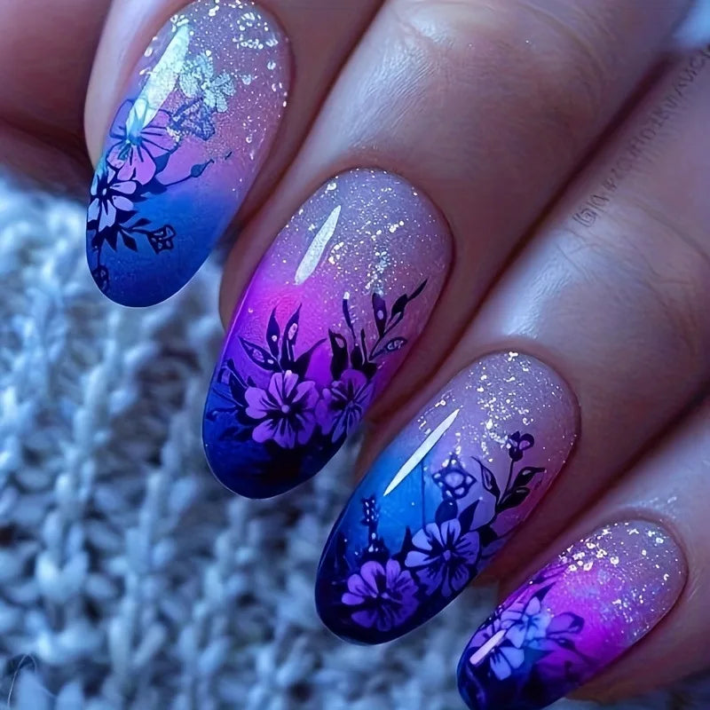 24pcs/set Medium long fake nails for summer season gradient dream blue golden Pink flash star wave lines press on false nail art
