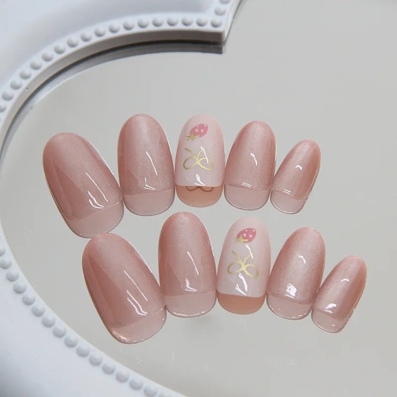 Short Medium fake nails for women gilrs light coffee nude pink glossy cat eyes Minimalist style Oval almond tips press on nails