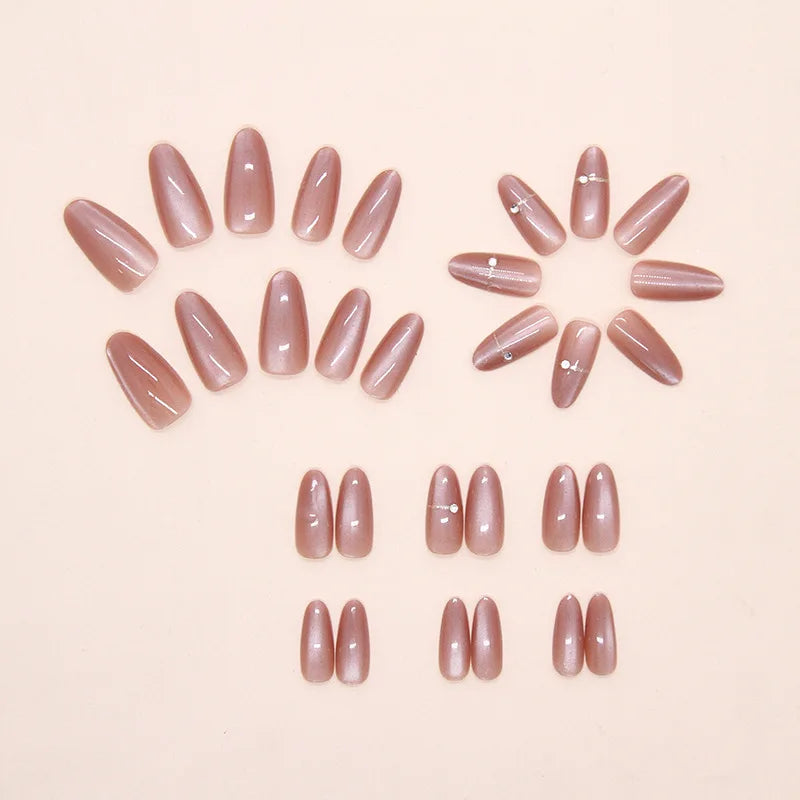 Light Coffee & Nude Pink Cat Eye Minimalist Press-On Nails – Oval Almond