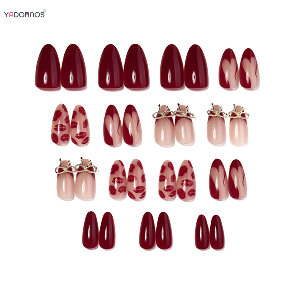 Red Lips Print Wine French Press-On Nails – Almond, 30 Pcs