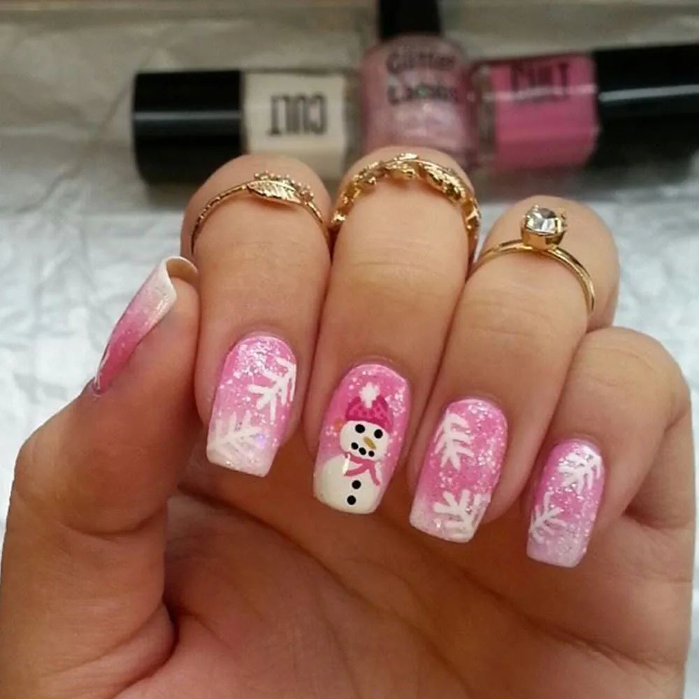Snowflake Glitter Christmas Press-On Nails – Short Square, 24 Pcs