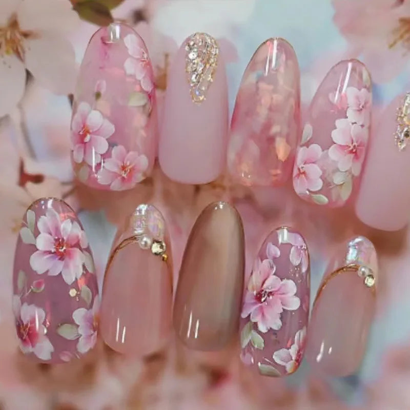 24pcs/set Medium fake nails for women girls gradient pink blue flowers heart glossy glass cat eyes full cover press on nails