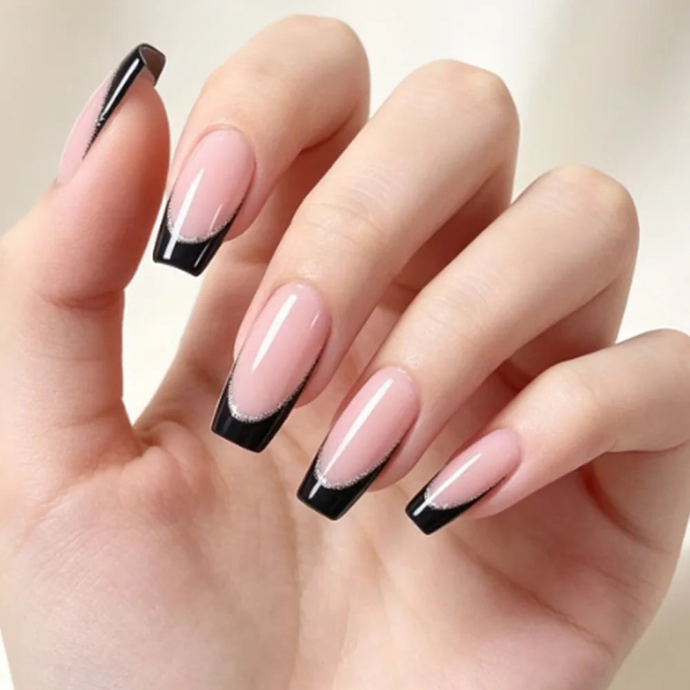Medium long fake nails for women french style with black edge silver strips square shape full cover reusable press on false nail