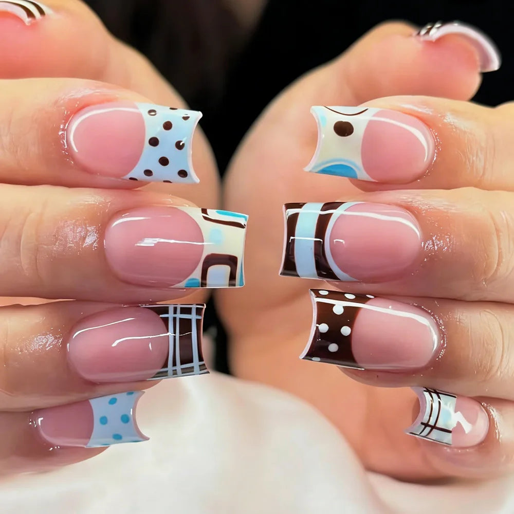 Abstract French Tip Press-On Nails in Pink, White, Brown, and Turquoise
