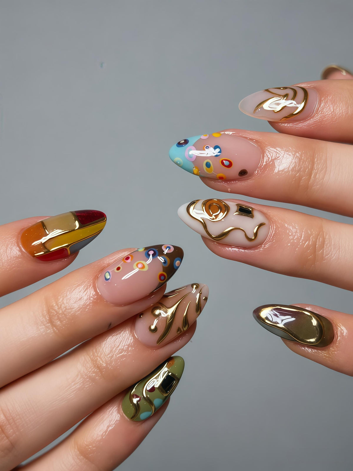Abstract Swirl Press On Nails with Gold Lines and Colorful Dots