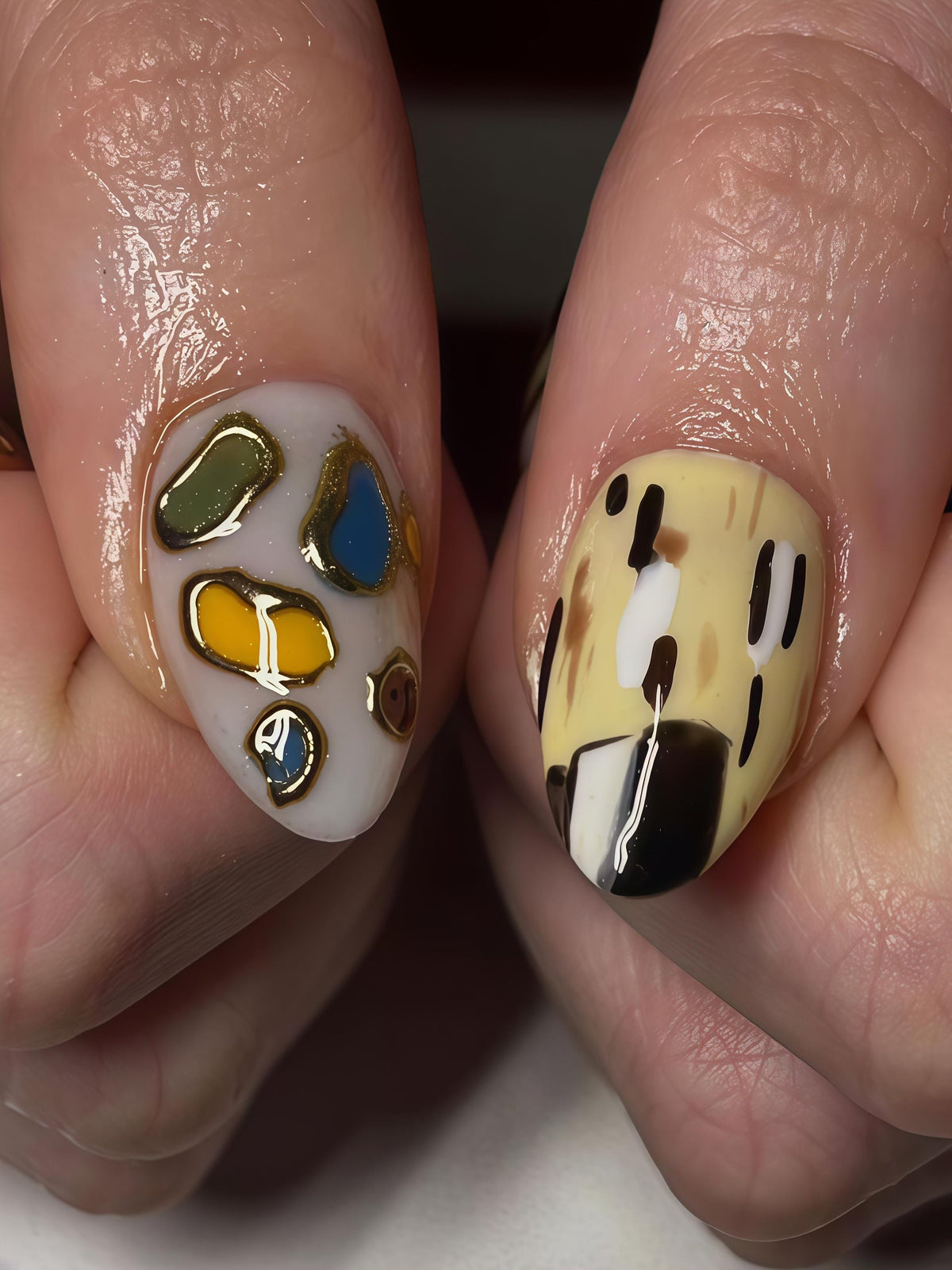 Abstract Swirl Press On Nails with Gold Lines and Colorful Dots