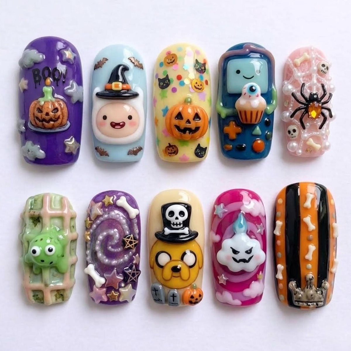 Adventure Time 3D Halloween Cartoon Press On Nails in Bright Pastel Colors