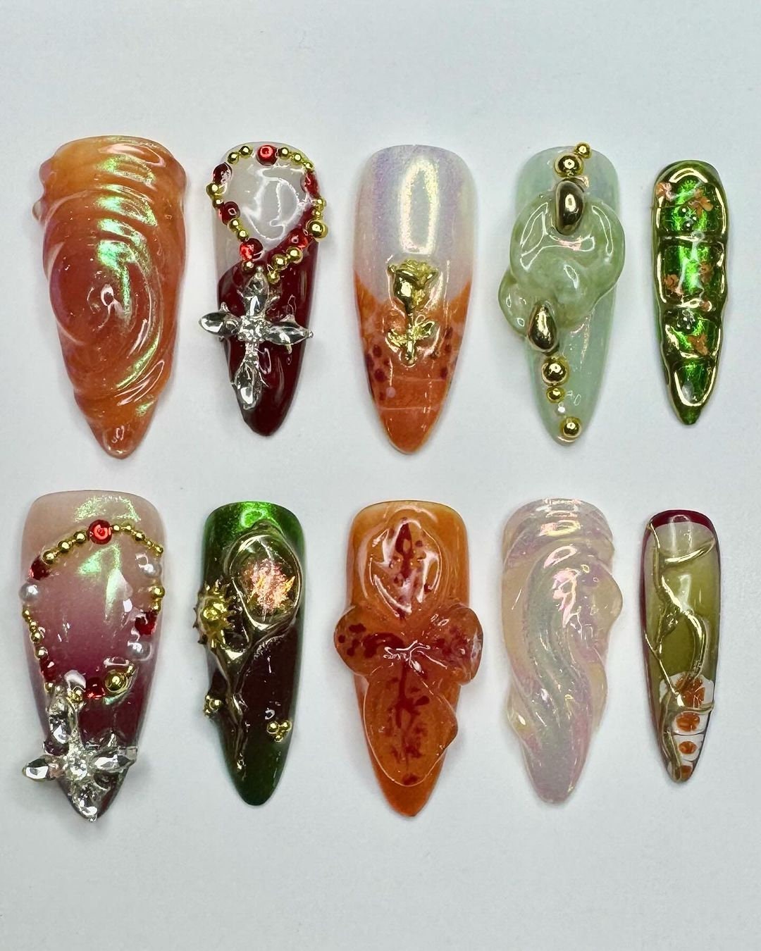 Amber and Botanical Fairycore Press-On Nail Set With Raised Flowers, Bow Detail and Charms