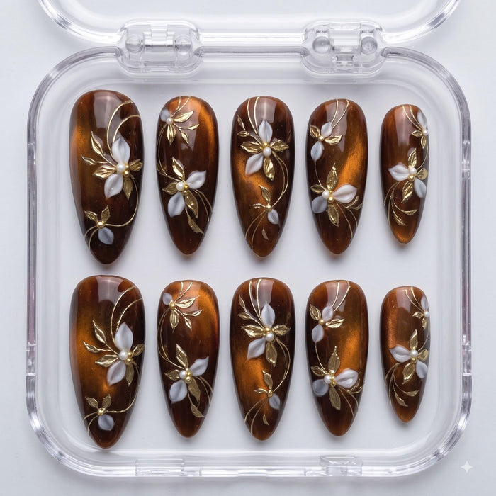 Amber and Brown Cat Eye Press On Nails With Gold Vines and Pearl-Centered Flowers