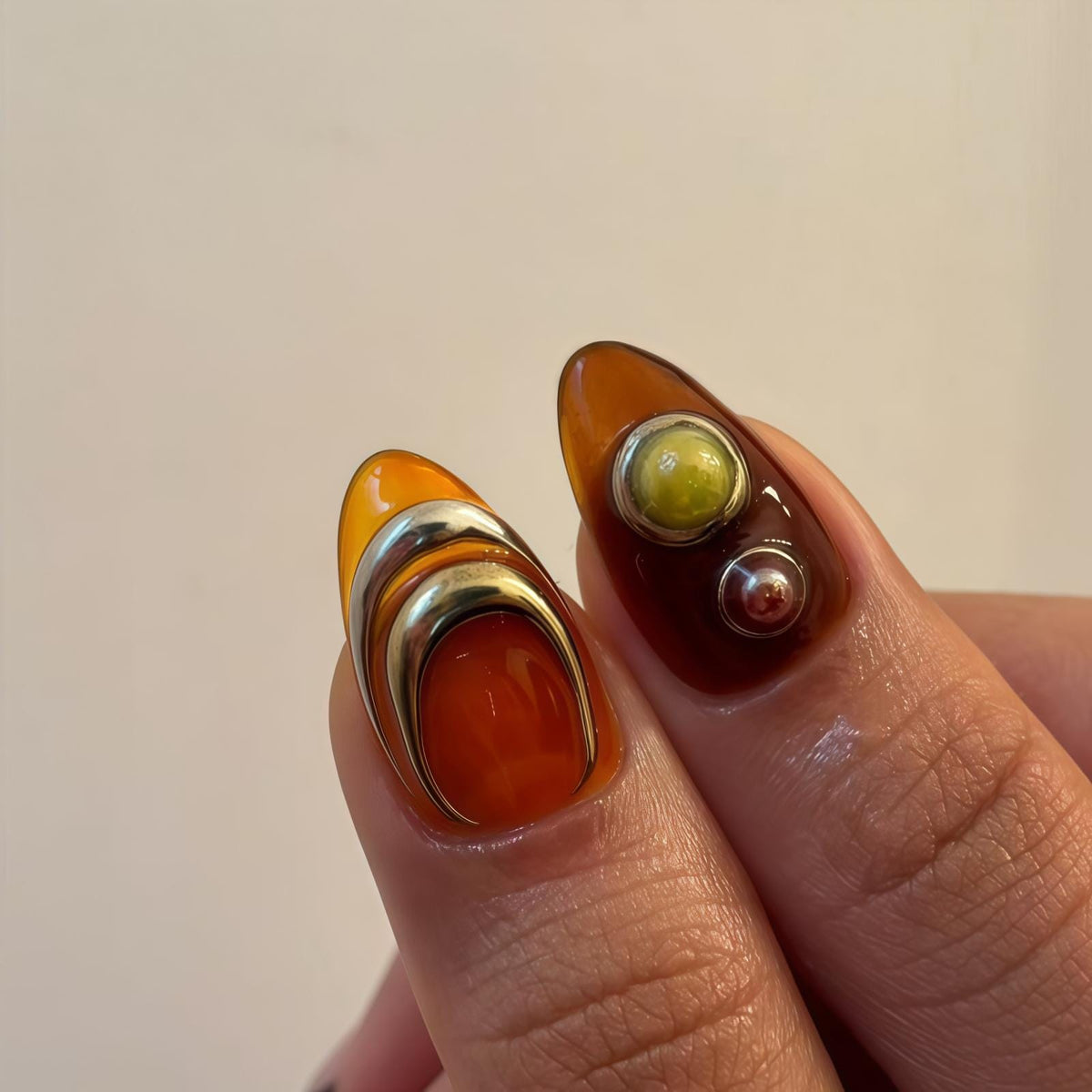 Amber and Burgundy Press On Nails with 3D Accents and Polka Dot French Tips