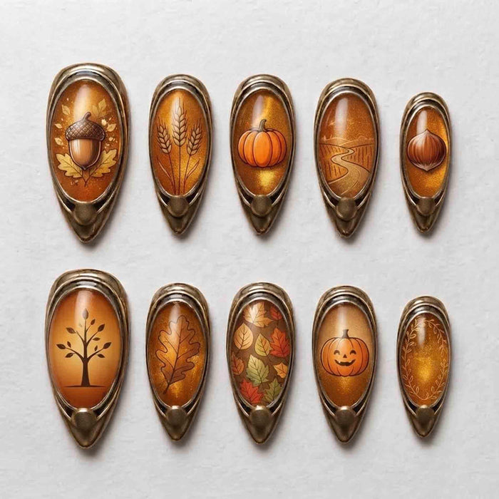 Amber Autumn Brooch Press-On Nails With Acorns, Pumpkins, Leaves, and Bronze Frames