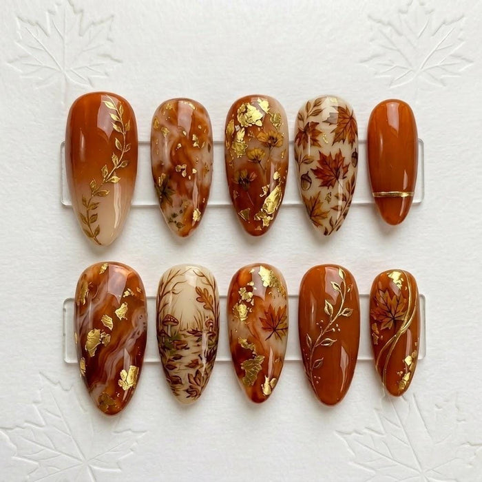 Amber Autumn Leaf Marble Press-On Nail Set With Gold Foil