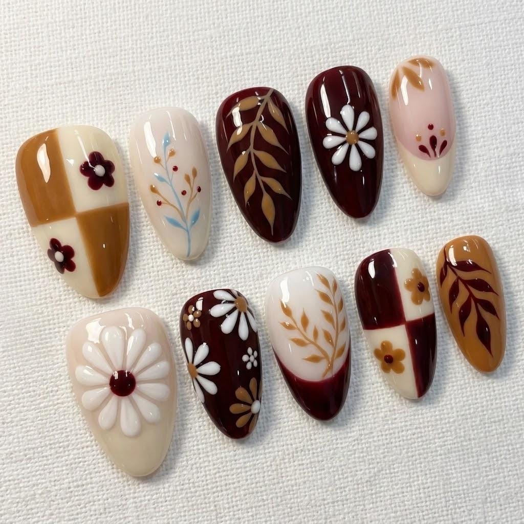 Amber Brown and Burgundy Fall Checkered Daisy Press On Nails