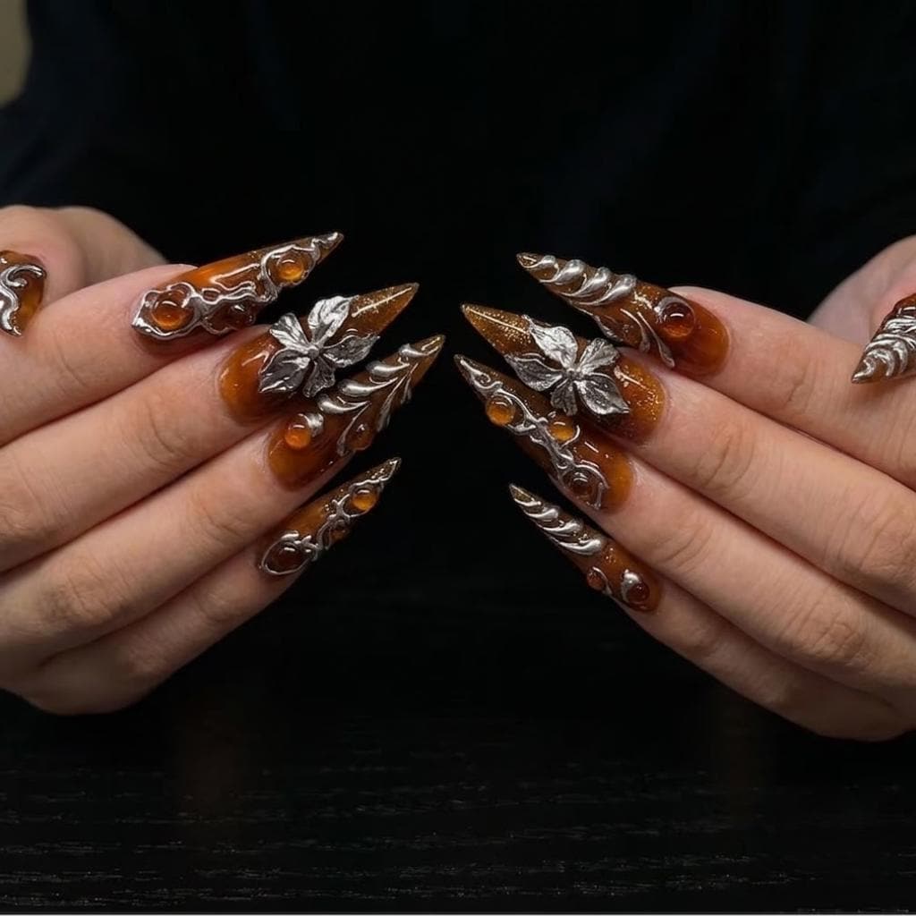 Amber Brown Press On Nails With 3D Silver Flowers, Metallic Swirls, and Gothic Y2K Punk Style
