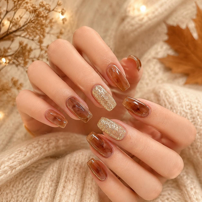Amber Brown Tortoiseshell Autumn Press-On Nails With Gold Glitter Accents