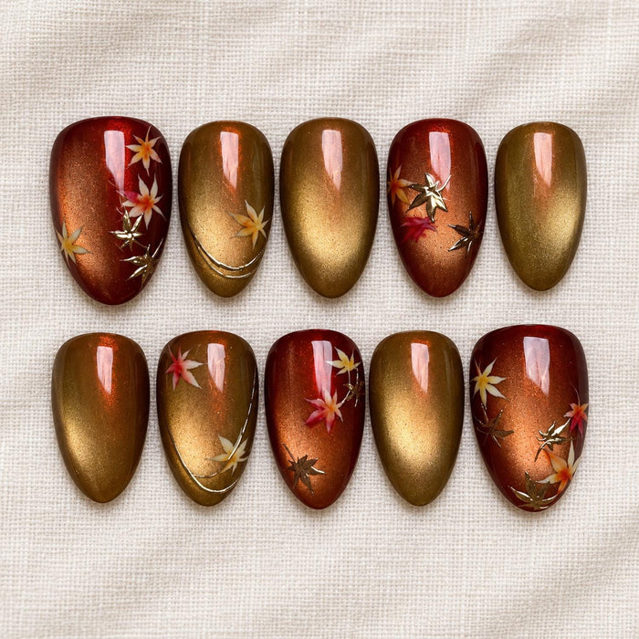 Amber Gold Cat Eye Press On Nails With Painted Autumn Leaves