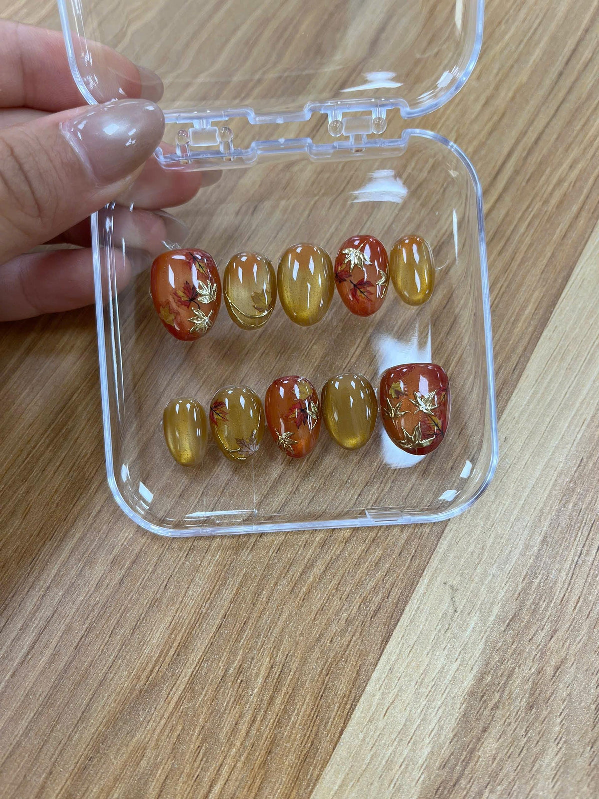 Amber Gold Cat Eye Nails With Painted Autumn Leaves