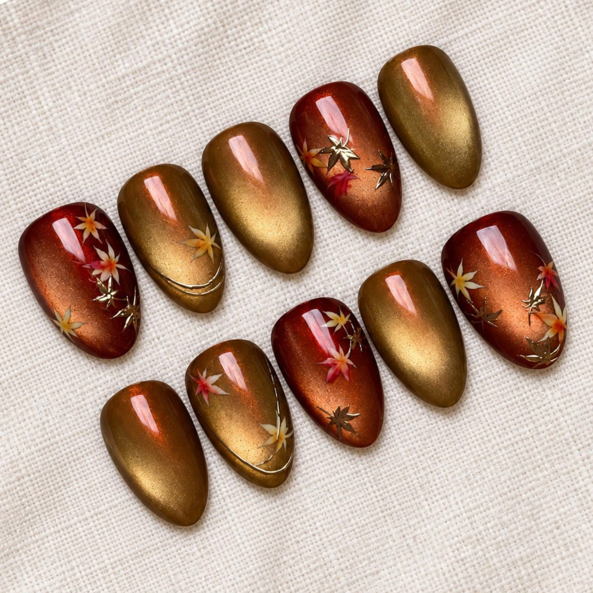 Amber Gold Cat Eye Nails With Painted Autumn Leaves