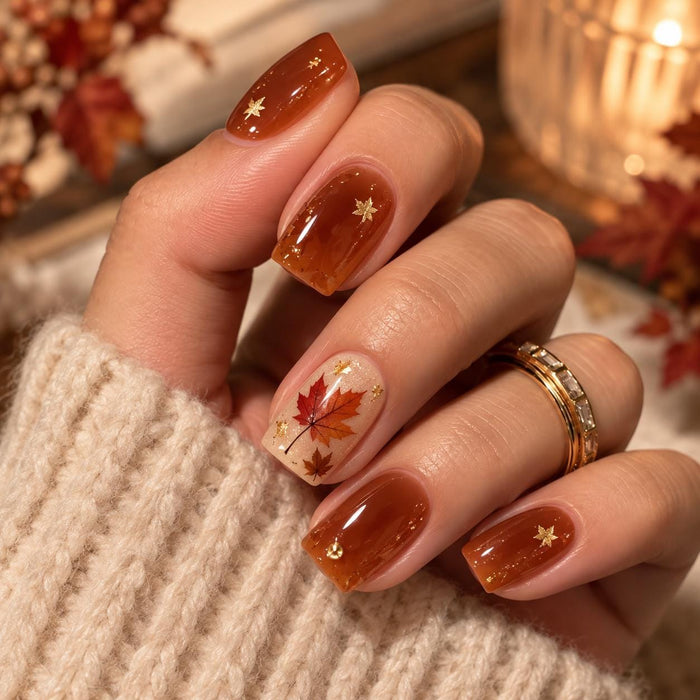 Amber Jelly Fall Press On Nails With Gold Stars and Autumn Leaf Art