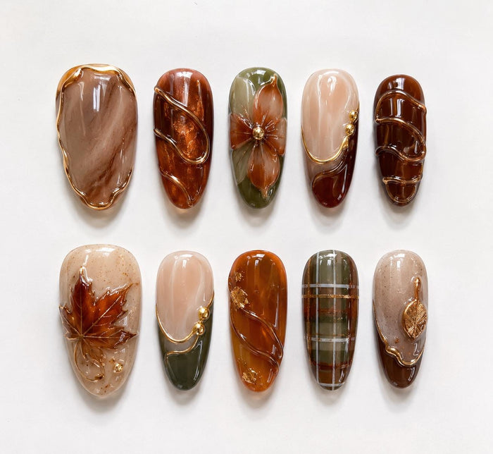 Amber Maple Leaf and Autumn Plaid Press On Nails with Gold Accents