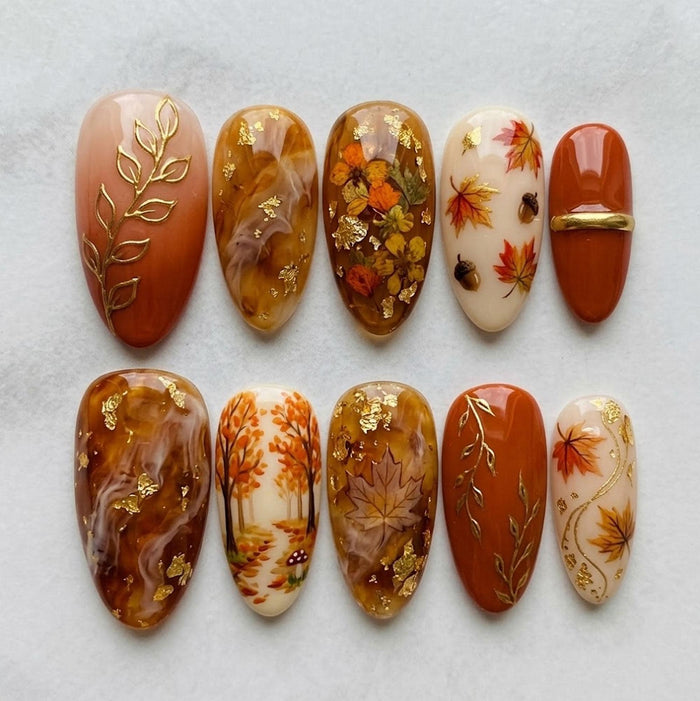 Amber Maple Leaf and Botanical Fall Press On Nails with Gold Foil